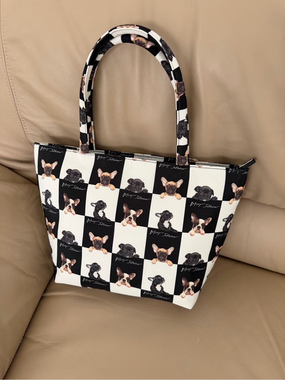 Betsey Johnson Black & White French Bulldog Print Insulated Tote - Picture 2 of 4